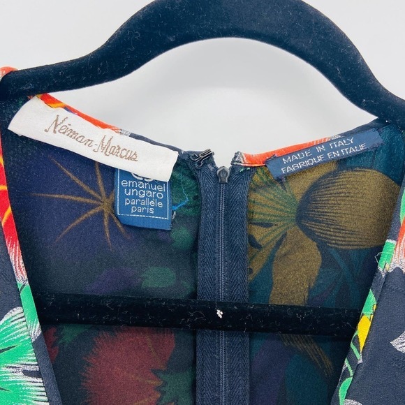 NEIMAN MARCUS Vintage Floral Print Long Zip Sleeve Ruched Waist Midi Dress 10 - Picture 6 of 7